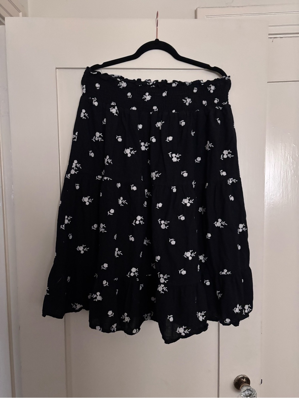 Black Floral Tiered A-Line Midi Skirt - Women's